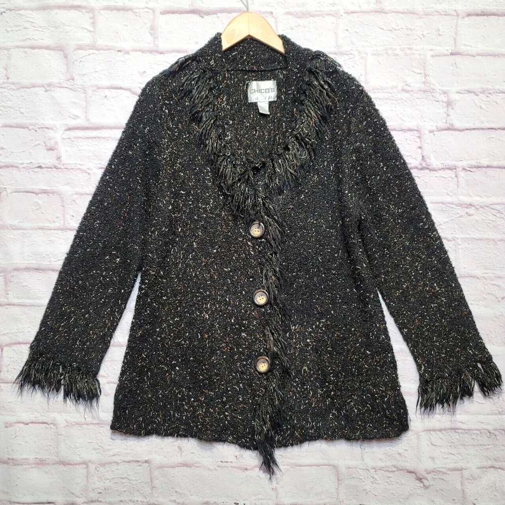 Chicos Artsy Fringe Cardigan Sweater Womens Medium Black Orange Beige Speckled